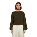 Kadın Gri%100 Akrilik Oversize Selanik Dokuma Bisiklet Yaka İspanyol Kol Crop Triko Kazak -Haki-S