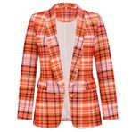 Kadın Günlük Blazer Uzun Kollu Açık Ön Ofis Blazer Yaka Çift Göğüslü Düğme Takım Elbise Ceket Cepli Dar Kesim Bayan Ekose Blazer, Turuncu, M
