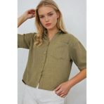 Kadın Haki Keten Görünümlü Crop Gömlek HZL25S-BD1203391 - 40