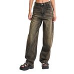 Kadın Haki Kot Rengi 4S5-86 Skater Fit Bol Kesim%100 Koton Orta Bel Denim Jean Haki 4S5-86 42