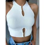 Kadın Halter Yaka Cut Out Triko Crop Atlet