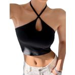 Kadın Halter Yaka Siyah Renk Bağlamalı Crop Top Bluz (Siyah, S)