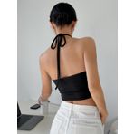 Kadın Halter Yaka Siyah Renk Bağlamalı Crop Top Bluz (Siyah, XS)