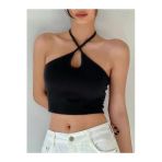 Kadın Halter Yaka Siyah Renk Bağlamalı Crop Top Bluz