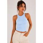 Kadın Halter Yaka Slim Fit Basic T-Shirt Premium%100 Pamuk Kaşkorse Fitilli Atlet (Mavi, S)