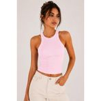 Kadın Halter Yaka Slim Fit Basic T-Shirt Premium%100 Pamuk Kaşkorse Fitilli Atlet (Pembe, S)