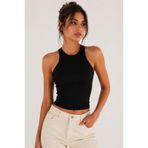 Kadın Halter Yaka Slim Fit Basic T-Shirt Premium%100 Pamuk Kaşkorse Fitilli Atlet (Siyah, S)