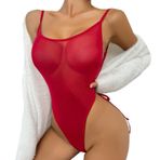 Kadın iç çamaşırı, file tulum, boyundan bağlı, dantelli, şeffaf gecelik, seksi iç çamaşırı, pijama, Kırmızı, XL