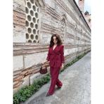 Kadın Ikili Kuşaklı Blazer Ceket Pantolon Takım - Bordo - 36