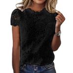 Kadın İlkbahar Yaz Kısa Kollu Dantel Bluz Moda Üst Bayan, Siyah, 4XL