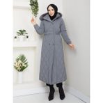 Kadın Ince Dolgulu Uzun Nova Kumaş Çıt Çıtlı Mont Kaban 1174 - Gri - 40