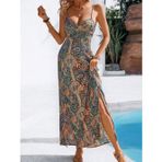 Kadın Ip Askılı Arkadan çapraz Kesim Detaylı Uzun Desenli Süprem Elbise - 2XL-3XL - Kahve
