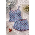 Kadın İp Askılı Çilek Desenli Pamuklu Şortlu Pijama Takımı