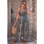 Kadın Ip Askılı V Yakalı Cep Detaylı Desenli Uzun Süprem Tulum - 2XL-3XL - Desenli