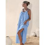Kadın Ip Askılı Yuvarlak Yaka Yırtmaçlı Uzun Müslim Elbise - 2XL-3XL - Mavi