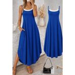 Kadın Ip Askılı Yuvarlak Yakalı Cepli Uzun Viskon Elbise - 2XL-3XL - Saks Mavi