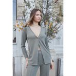 Kadın Ipeksi Esnek Modal Kumaş V Yaka Uzun Kol Omuz Aksesuarlı Düğmeli Uzun Blazer Ceket-Haki - XL