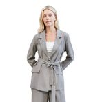 Kadın İpeksi Modal Kumaş Yakalı Cep Kapaklı Kolları Düğmeli Bağcıklı Uzun Blazer Baharlık Ceket-Antrasit