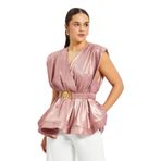 Kadın Işıltılı Kemerli Peplum Bluz – V Yaka, Omuz Vatkalı, Şık Gece Kombini, PUDRA, 38