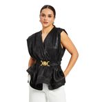 Kadın Işıltılı Kemerli Peplum Bluz – V Yaka, Omuz Vatkalı, Şık Gece Kombini, SİYAH, 42