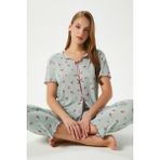 Kadın Juliet Kurdeleli Yumuşak Doku Yeşil Çiçekli Pijama Takımı - XL