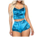 Kadın Kadife Pijama Takımı, 2 Parça Şortlu Set, Yumuşak Ev Giyim Loungewear, Askılı Üst ve Şort (Açık Mavi, XL)