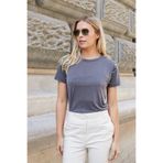 Kadın Kaliteli Modal Kumaş Sıfır Yaka Düğme Aksesuarlı Kısa Kol T-shirt Bluz-Antrasit