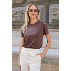 Kadın Kaliteli Modal Kumaş Sıfır Yaka Düğme Aksesuarlı Kısa Kol T-shirt Bluz-Kahve