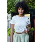 Kadın Kaliteli Modal Kumaş Sıfır Yaka Düğme Aksesuarlı Kısa Kol T-shirt Bluz-Krem