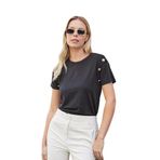 Kadın Kaliteli Modal Kumaş Sıfır Yaka Düğme Aksesuarlı Kısa Kol T-shirt Bluz-Siyah