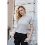 Kadın Kaliteli Modal Kumaş Sıfır Yaka Düğme Aksesuarlı Kısa Kol T-shirt Bluz-Taş