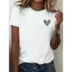 Kadın Kalp Baskılı T-Shirt Kısa Kol Bisiklet Yaka Oversize Rahat Kalıp Günlük Tişört - Beyaz