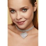Kadın Kalp Model Zirkon Taşlı Gümüş Kolye Abiye Tasma Choker Çok Renkli