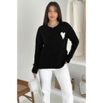 Kadın Kalpli Kalın Triko Kazak – Oversize & Minimal Romantik Stil - Siyah - Standart