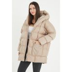 Kadın Kapşonlu Oversize Bej Şişme Mont - S - M