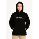 Kadın Kapüşonlu Kanguru Cepli Sweatshirt 3 İplik Pamuklu Baskılı Hoodie - Siyah