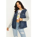 Kadın Kapüşonlu Kolları Penye Oversize Denim Ceket Blue Mavi 34