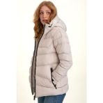 Kadın Kapüşonlu Polarlı Kürklü Su Geçirmez Rüzgara Dayanıklı Şişme Mont Kaban Parka - Taş - 2XL