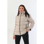 Kadın Kapüşonlu Polarlı Kürklü Su Geçirmez Rüzgara Dayanıklı Şişme Mont Kaban Parka - Taş - 3XL