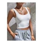 Kadın Kare Yaka Beyaz Slim Fit Crop Top Bluz