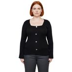 Kadın Kare Yaka Düğmeli Uzun Kollu Triko Bluz Kaliteli Şık Rahat Modern Zarif Günlük_Siyah-5XL