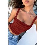 Kadın Kare Yaka Önü Büzgülü Crop Bluz - Bordo - XS