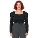 Kadın Kare Yaka Puf Kollu İnce Triko Üst Kaliteli Şık Rahat Modern Zarif Günlük_Siyah-4XL