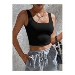 Kadın Kare Yaka Siyah Slim Fit Crop Top Bluz