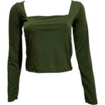 Kadın Kare Yaka Uzun Kollu Crop Bluz - 09H-Yeşil