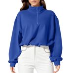 Kadın kazağı, pamuklu sweatshirt, kapüşonsuz, balıkçı yaka, uzun kollu, kazak, süveter, kışlık bluz, üst giyim, genç kıyafetleri, fermuarlı, bol, gündelik sweat kazak, Gök mavisi, XL