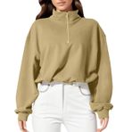 Kadın kazağı, pamuklu sweatshirt, kapüşonsuz, balıkçı yaka, uzun kollu, kazak, süveter, kışlık bluz, üst giyim, genç kıyafetleri, fermuarlı, bol, gündelik sweat kazak, Haki., XL