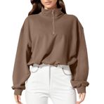 Kadın kazağı, pamuklu sweatshirt, kapüşonsuz, balıkçı yaka, uzun kollu, kazak, süveter, kışlık bluz, üst giyim, genç kıyafetleri, fermuarlı, bol, gündelik sweat kazak, Kahve, L