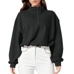 Kadın kazağı, pamuklu sweatshirt, kapüşonsuz, balıkçı yaka, uzun kollu, kazak, süveter, kışlık bluz, üst giyim, genç kıyafetleri, fermuarlı, bol, gündelik sweat kazak, Siyah, XL