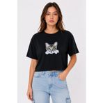 Kadın Kedi Baskılı Oversize Crop Tişört Salaş Basic Yarım Kol T-Shirt - Siyah